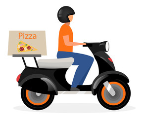 Pizza delivery flat vector illustration. Man driving scooter with food parcel cartoon character isolated on white background. Courier riding motorcycle, motorbike delivering pizzeria restaurant order