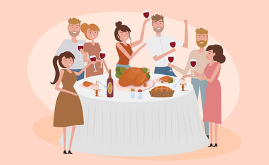 Happy Thanksgiving dinner with friends and famity. Men and women are sitting at the festive table with a turkey and pumpkin pie, having fun, raising their glasses. Editable vector illustration