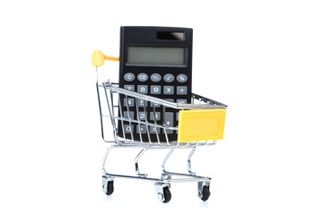 Small shopping cart with calculator isolated on white background