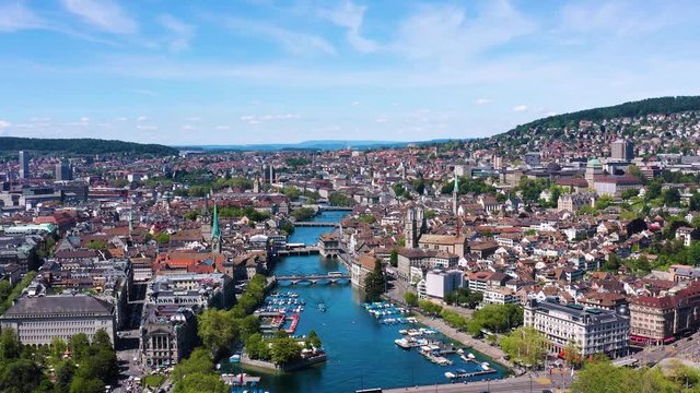 4k drone Aerial view of Zurich  city waterfront in Switzerland