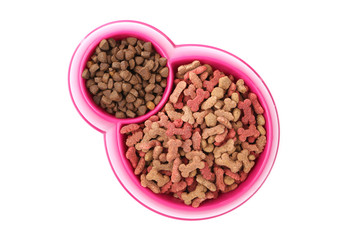 Dry pet food in bowl isolated on white background