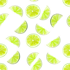 Seamless pattern of Juicy green lime slices and haft citrus isolated on white background. Healthy food concept