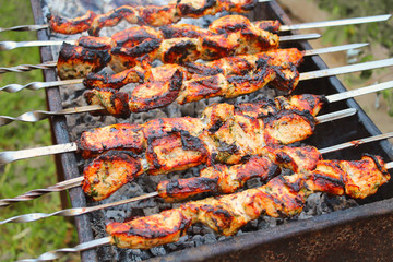 Cooking meat skewers on the grill. Close-up. Background.