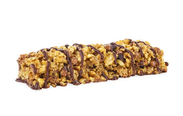 Chocolate granola bar isolated on a white background. Healthy snack.