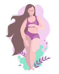 A beautiful plump woman in a swimsuit stands among tropical plants. Vector illustration in a flat style on the theme of the bodypositive.