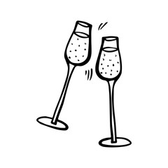 Merry Christmas and Happy New Year champagne glass celebration toast. Ideal for holiday card, party invitation, poster, banner. Design template isolated white background. Simple illustration drawing