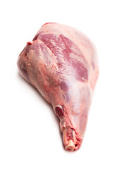 Vacuum pack of raw lamb leg isolated on white