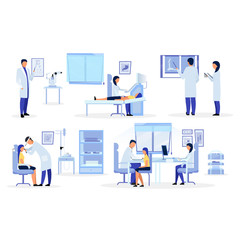 Doctors, general practitioners, therapists flat illustrations set. Medical workers diagnosing cartoon characters. Orthopedist, otolaryngologist, ophthalmologist, sonographer examining patients