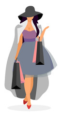 Elegant shopper flat vector illustration. Beautiful lady buying luxury clothes in fashion boutique. Stylish shopaholic purchasing exclusive outfit cartoon character. Woman with shopping bags, gifts