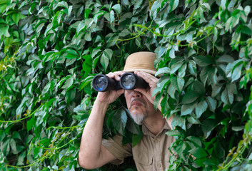 traveler looks through binoculars in the leaves