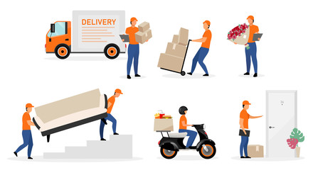 Delivery service workers flat vector illustrations set. Couriers, postman, deliveryman with order, parcel cartoon characters isolated on white background. Scooter, home delivery concept