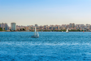 Fototapeta premium Istanbul, Turkey, 23 July 2011: Kalamis Marina, Sailboats, Fenerbahce, Kadikoy