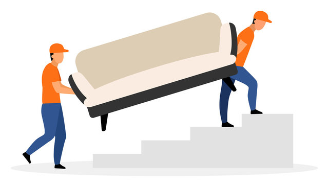 Furniture Delivery Service Flat Vector Illustration. Warehouse Workers Carrying Sofa Cartoon Characters Isolated On White Background. Courier, Deliveryman, Loader Men Delivered Couch. Shipping Concept