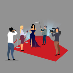 Red carpet ceremony reportage flat vector illustration. Journalists interviewing super star, celebrity cartoon characters. Reporters, paparazzi, photographers working at concert, festival concept