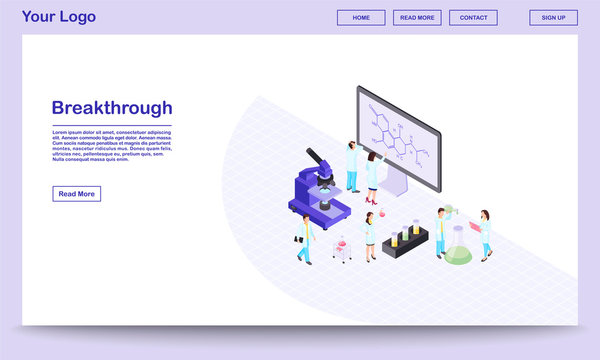 Scientific breakthrough isometric landing page template. Chemists, pharmacologists excited about new formula. 3d lab with modern equipment, microscope, beakers. Research center website with text space
