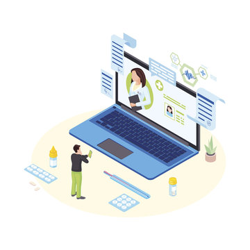 Remote doctor consultation isometric illustration. Male patient on video conference with cardiologist. Telemedicine specialist giving prescriptions cartoon character. Distance medical service