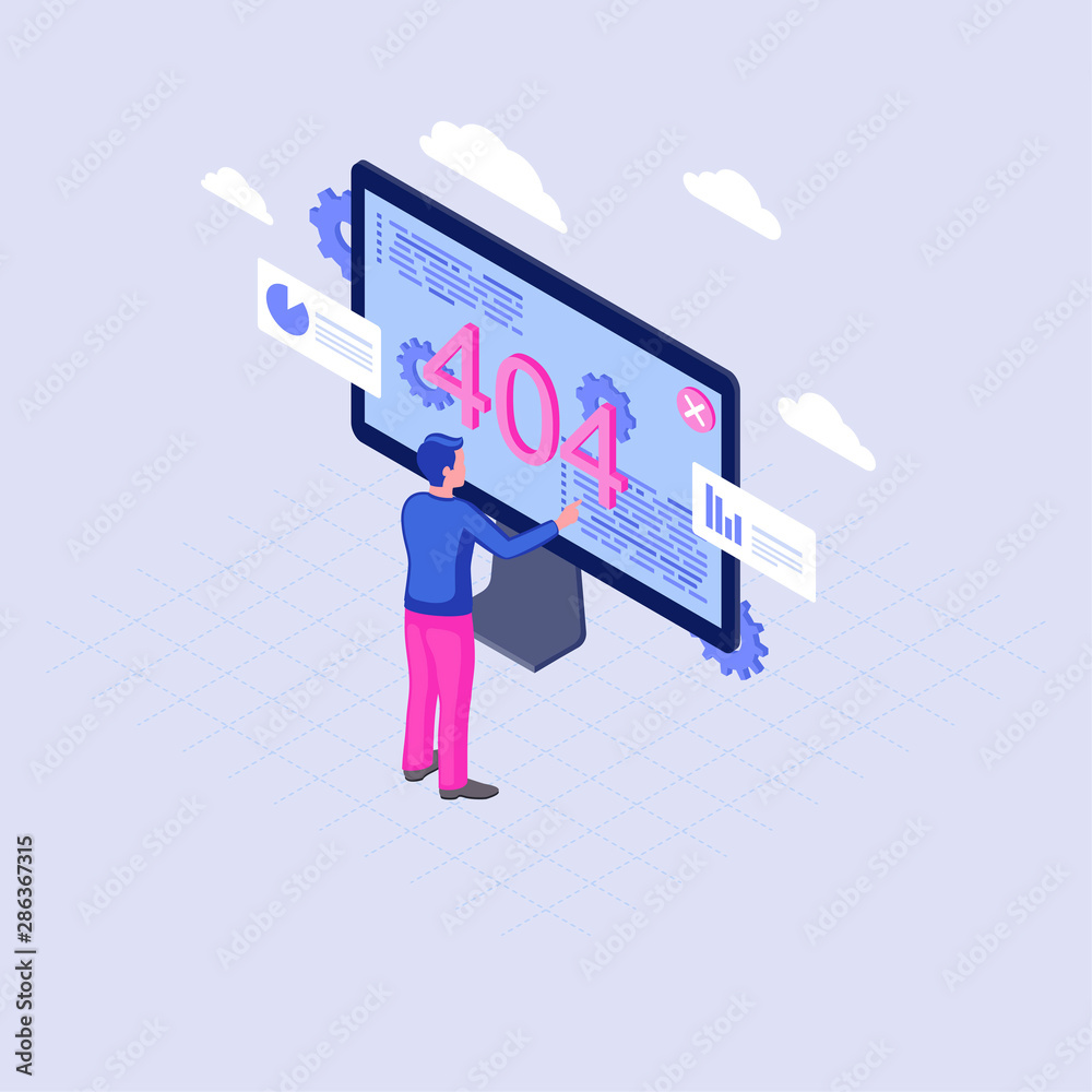 Poster 404 error on laptop display isometric illustration. male developer trying to fix page not found prob