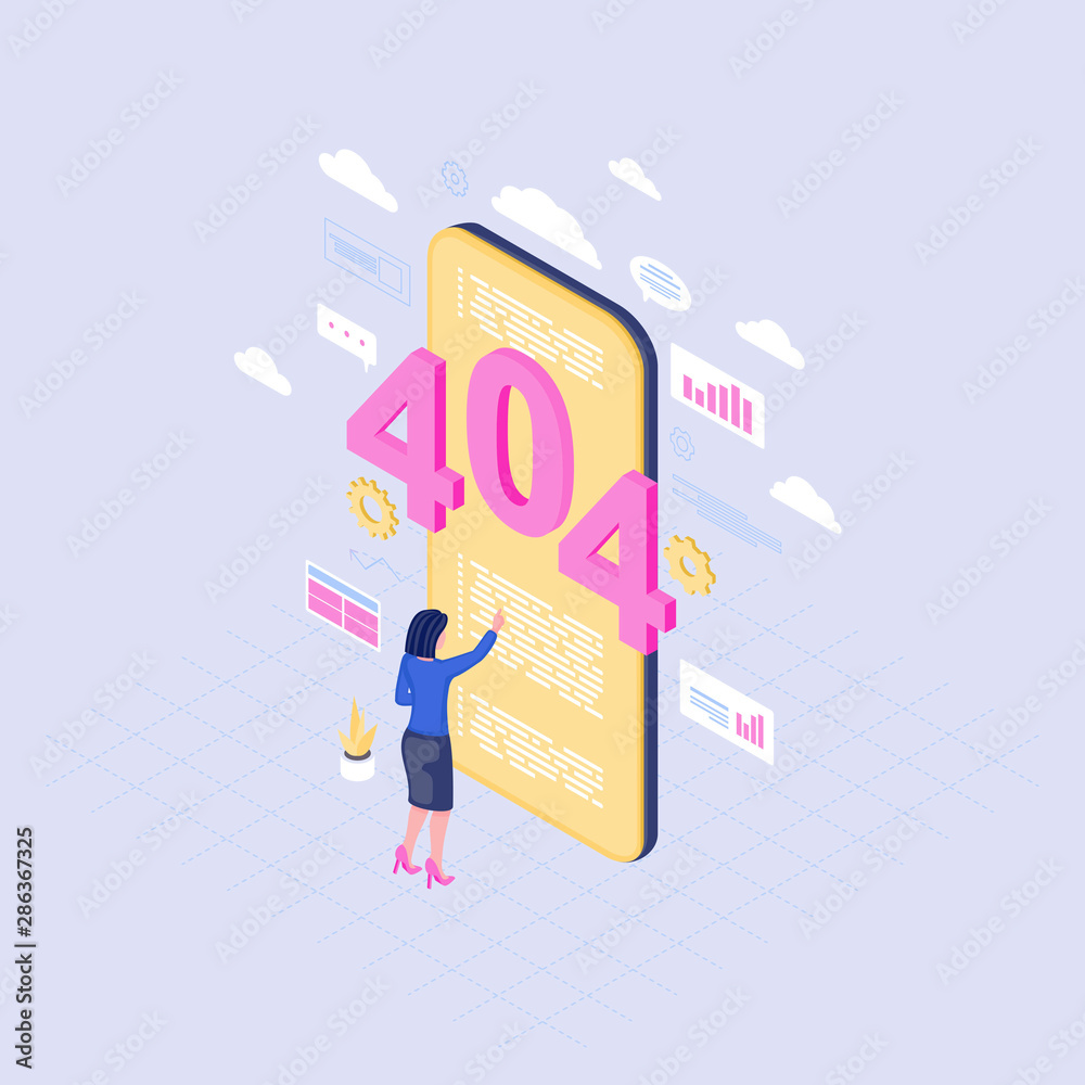 Poster smartphone browsing problem isometric illustration. 404 error message on mobile phone screen. female