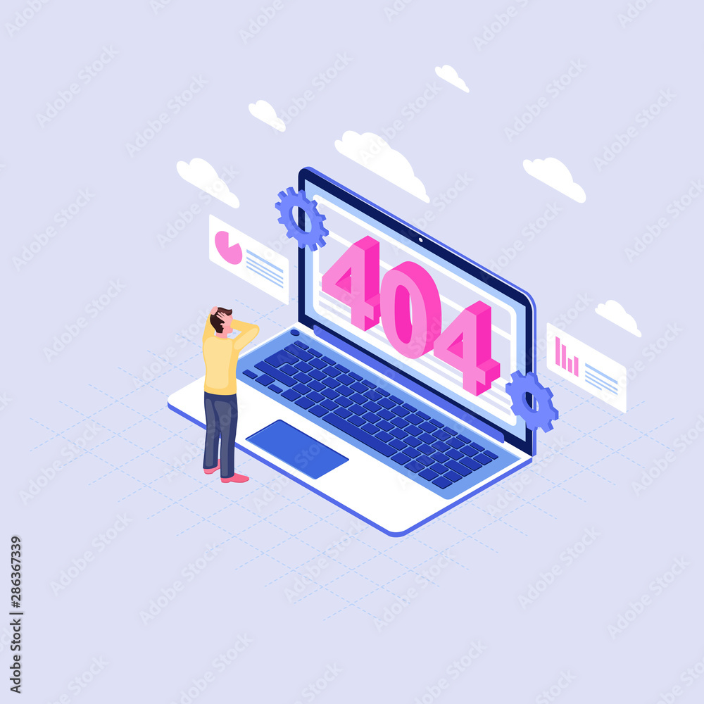 Poster user shocked at 404 problem isometric illustration. man watching page not found message on laptop di