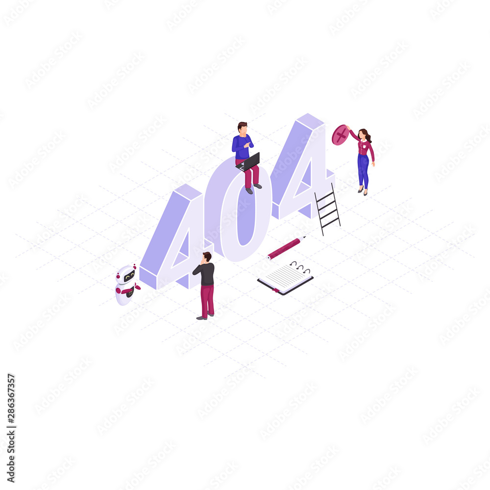 Poster solving 404 problem concept isometric illustration. tiny it specialists repairing disconnected, serv