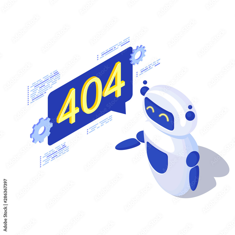 Poster server not found automated message generation isometric illustration. robot, ai assistant with 404 n