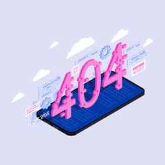 404 numbers on smartphone screen isometric illustration. Page not found alert notification. Website under construction concept. Internet browsing malfunction, disconnected server problem