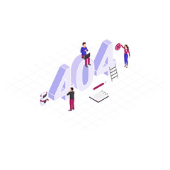 Solving 404 problem concept isometric illustration. Tiny IT specialists repairing disconnected, server. Robot, AI assistant helping to fix technical malfunctions. Automated network mistakes detection