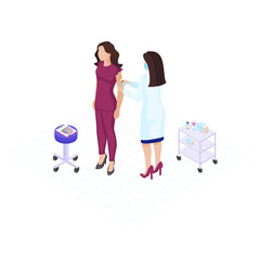 Doctor making vaccine flat color vector illustration. Annual vaccination, immunisation. Physician giving injection to female patient arm 3d concept. Syringe and vial. Medicine and health