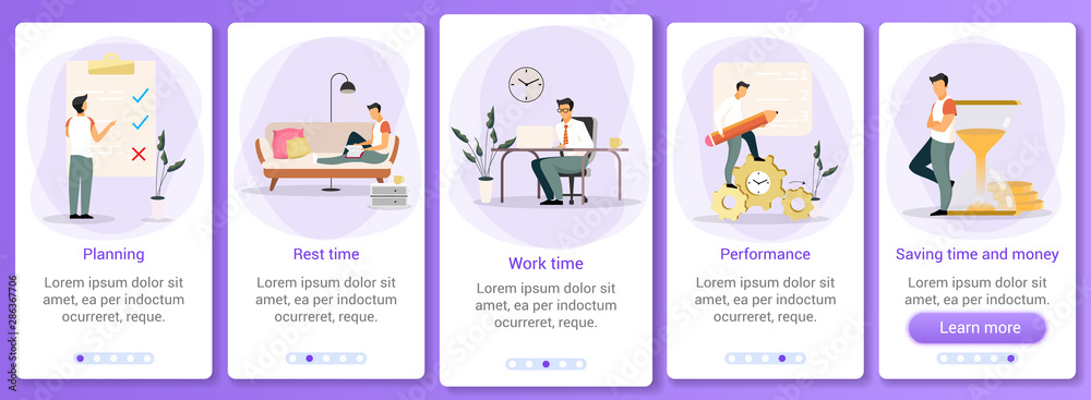 Poster time management onboarding mobile app screen vector template. workflow organization. manager plannin