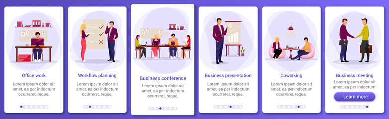 Business industry onboarding mobile app screen template. Office work, workflow, coworking. Business presentation. Walkthrough website steps with flat characters. UX, UI smartphone cartoon interface