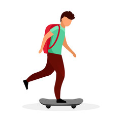 Schoolboy skateboarding flat vector illustration. Skateboarder, skater. Teenage boy with backpack riding skate cartoon character isolated on white background. Modern school kid, child have fun
