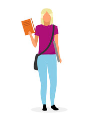 Teenage schoolgirl with textbook flat vector illustration. University student holding book and laptop cartoon character isolated on white background. Smart teen girl with bag. School teenager studying