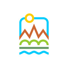Travel logo. Sky and Sea. Travel agency sign. Nature icon. Mountains and fields symbol