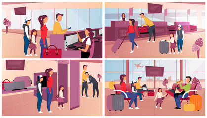 Obraz premium Airport check in flat vector illustrations set. Passport and security control, luggage check. Tourists in airport. Passengers in waiting room expecting departure, boarding cartoon characters