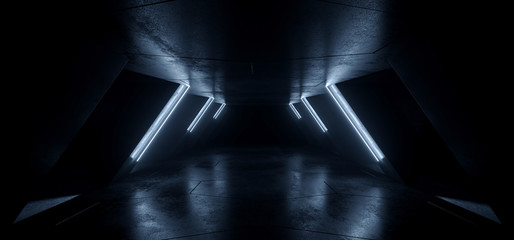 Fototapeta premium Futuristic Sci Fi Triangle Dark Neon Lights Blue Futuristic Glowing Triangle Columns Concrete Grunge Empty Spaceship Tunnel Room Virtual Cyber Laser Beam 3D Rendering