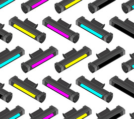 Printer toner cartridge CMYK pattern seamless. Cyan and Magenta. Yellow and Key color. ink Laser Jet printer background. Vector texture