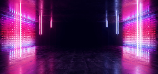 Matrix Disco Futuristic Dark Sci Fi Neon Lights Purple Blue Futuristic Glowing Concrete Grunge Empty Corridor Tunnel Underground Room Stage Virtual Cyber Laser Beam 3D Rendering