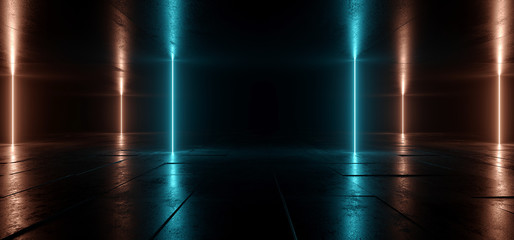 Sci Fi Futuristic Neon Lights Blue Orange  Vertical Sci Fi Glowing Concrete Grunge Dark Empty Corridor Hallway Tunnel Underground Room Stage Virtual Cyber Laser Beam 3D Rendering