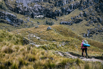 Hiker on Santa Cruz Trek in Huscaran National Park in the Cordillera Blanca in Northern Peru 