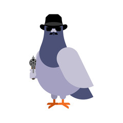 Dove spy. pigeon Secret agent. City bird in hat and with gun