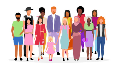 Fototapeta premium Multicultural people group flat vector illustration. Different nationalities, races women and men cartoon characters. Multiracial caucasian and afro american young adults, diverse girls and guys