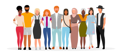 International friends flat vector illustration. Multicultural community, society, collaboration. Multiracial people hugging cartoon characters. Unity in diversity. Caucasian and black men, women