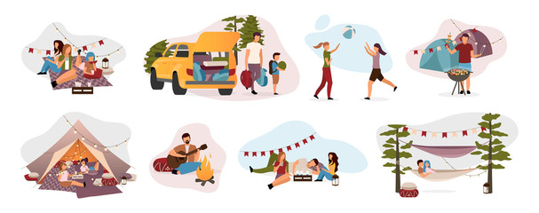 Summer camp visitors flat vector illustrations set. Holidaymakers isolated cartoon characters. Travelers, hikers resting in tent, hammock with campfire. Summertime relax, recreation, countryside trip