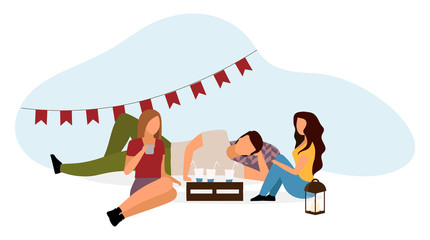 Students party flat vector illustration. Young campers, friends celebrating birthday, drinking cocktails isolated cartoon characters on white background. Girls, boy enjoying relaxed atmosphere