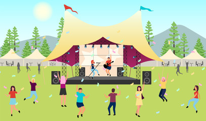 Summertime music festival flat vector illustration. Open air live performance. Rock, pop musician concert in park, camp. Enjoying music outside in summer. Dancing cartoon characters