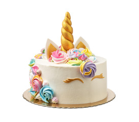 Unicorn cake for a child with marshmallows on a white background.