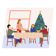 Family sitting at table enjoying Christmas dinner. Man, woman and their daughter and son celebrating Christmas. Flat cartoon vector illustration