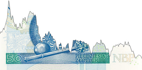 new 50 polish zloty banknote reverse decline graph indicating exchange rate with copyspace