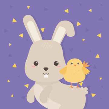 cute rabbit and chick animals farm characters