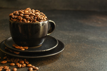 coffee (coffee bean and brewed coffee) top concept. food background. copy space